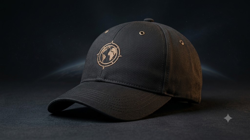 GEOverze Cartographer Cap — charcoal six-panel cap with bronze compass emblem