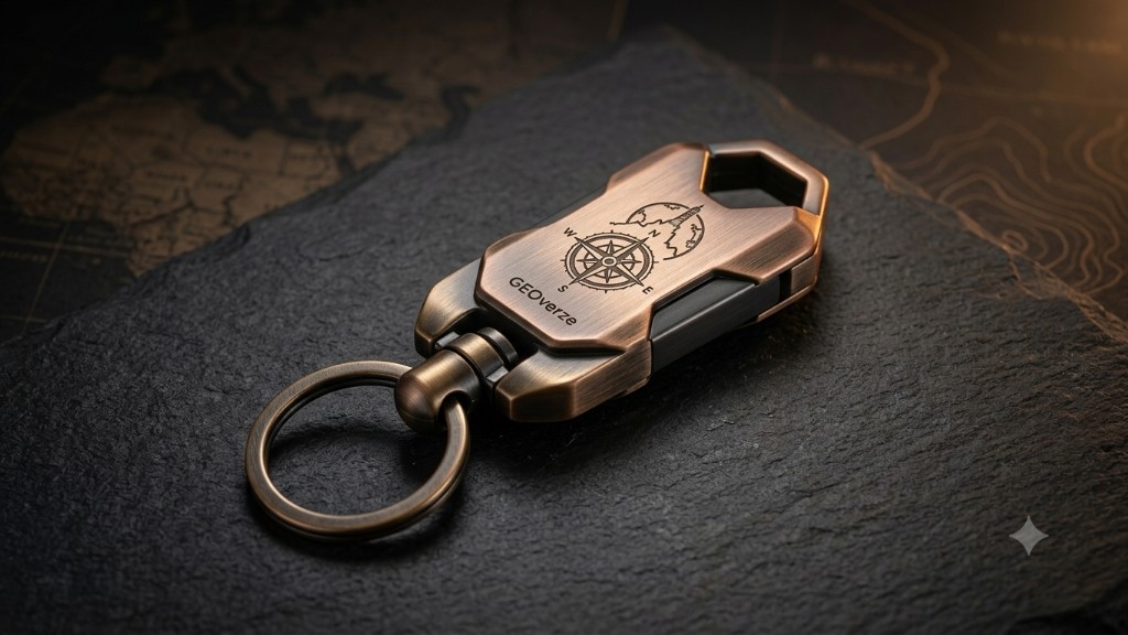 GEOverze Expedition Keychain — bronze-finished explorer keychain with compass and globe emblem
