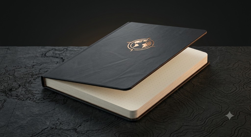 GEOverze Field Notebook — dot-grid field notebook with a bronze GEOverze emblem
