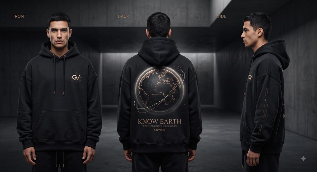 GEOverze black hoodie — front, back and side views with Earth From Space Know Earth design