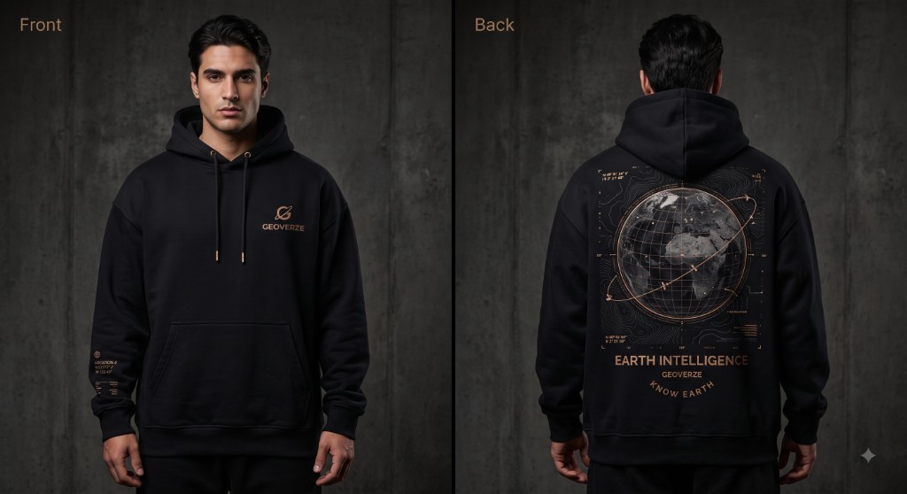 GEOverze black hoodie — front and back views with Earth Intelligence orbital globe design