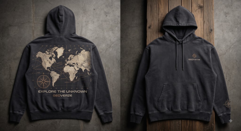 GEOverze charcoal hoodie — front and back views with Explore The Unknown world map design