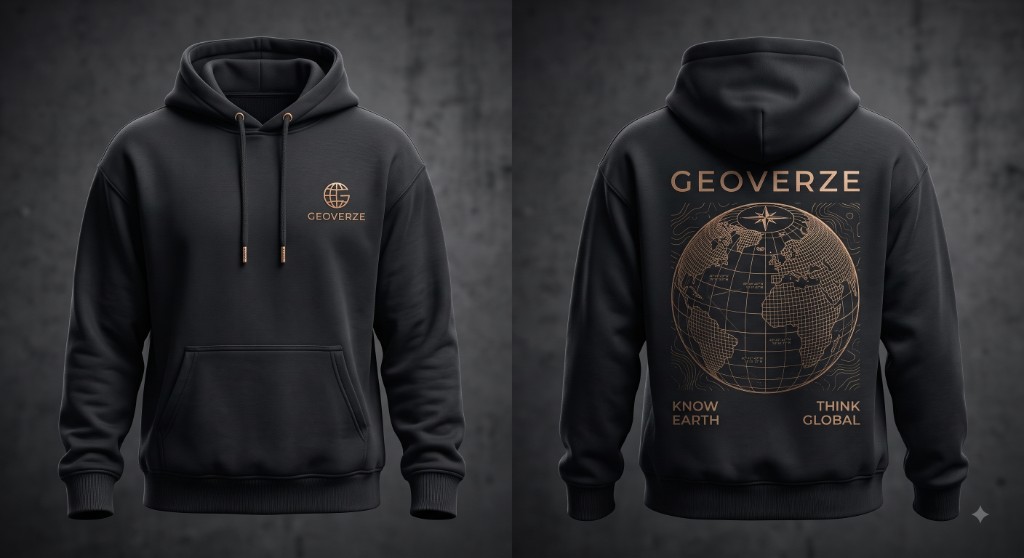 GEOverze black hoodie — front and back views with Know Earth Think Global bronze globe design