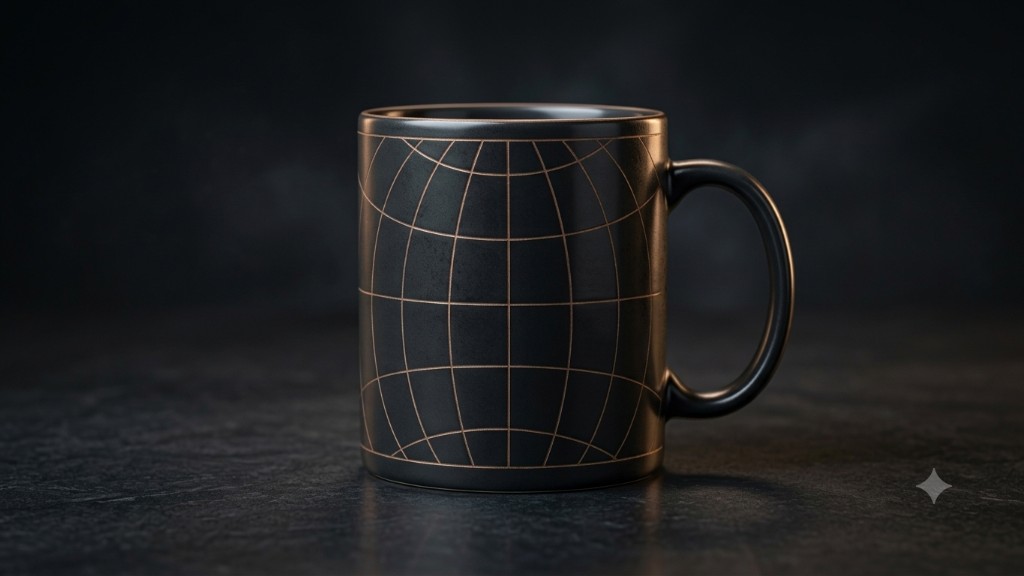 GEOverze Latitude Longitude Mug — bronze geographic grid on matte charcoal ceramic
