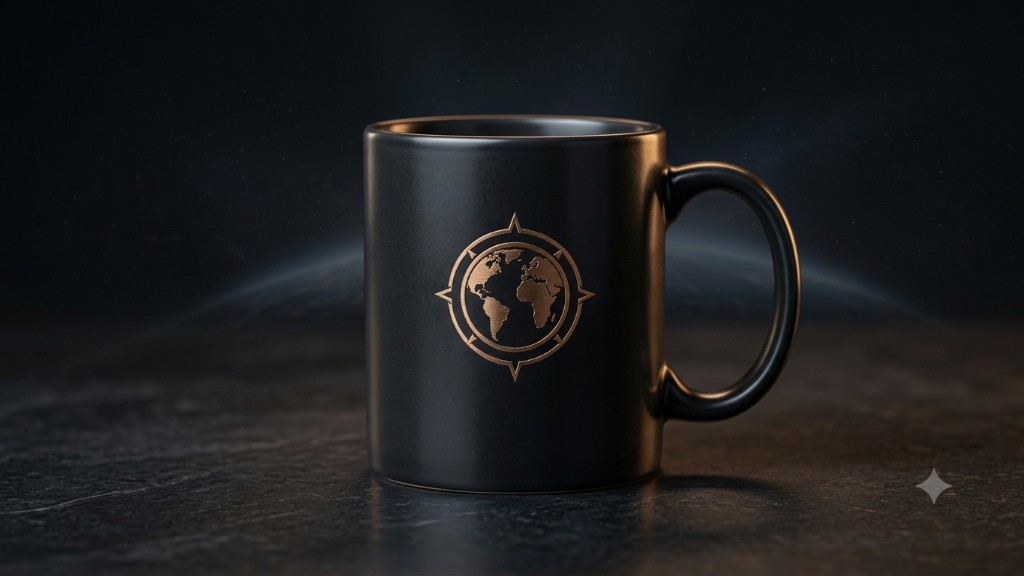 GEOverze Navigator Compass Mug — dark ceramic with bronze compass emblem