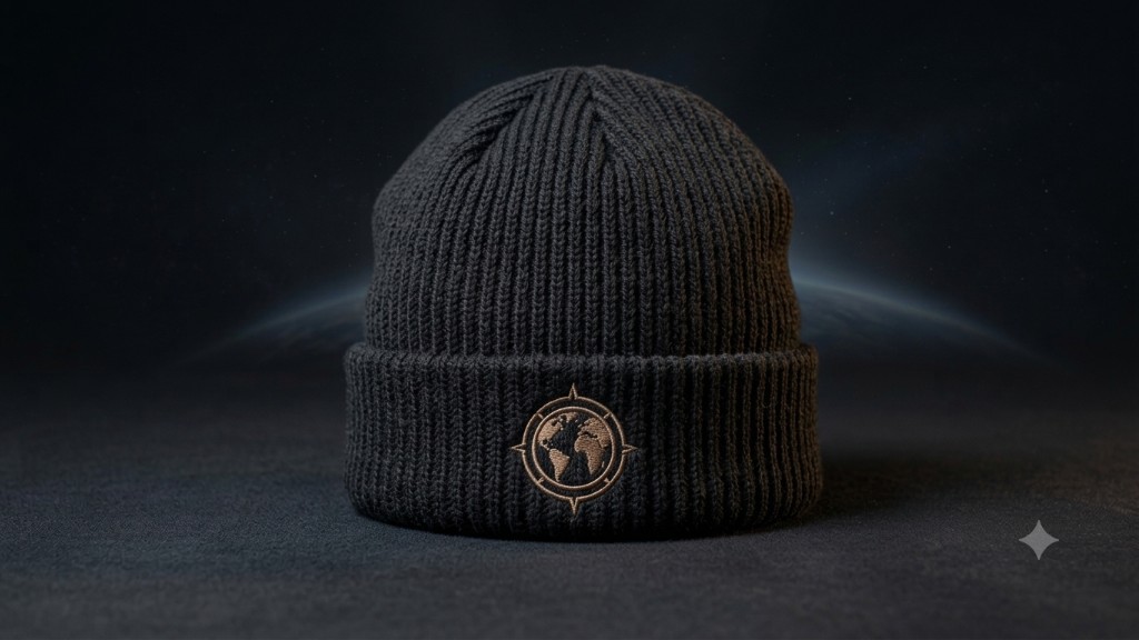 GEOverze Polar Beanie — black ribbed wool beanie with bronze emblem
