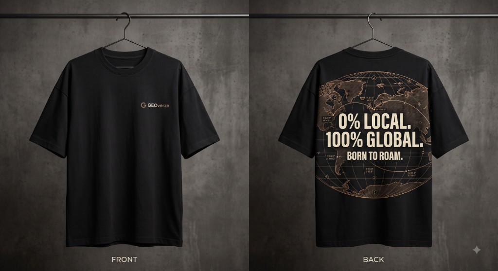 GEOverze black T-shirt — front and back views with 0% LOCAL. 100% GLOBAL. BORN TO ROAM. design