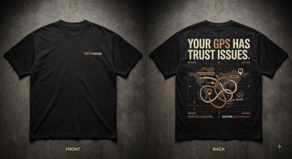 GEOverze black T-shirt — front and back views with Your GPS Has Trust Issues. map design