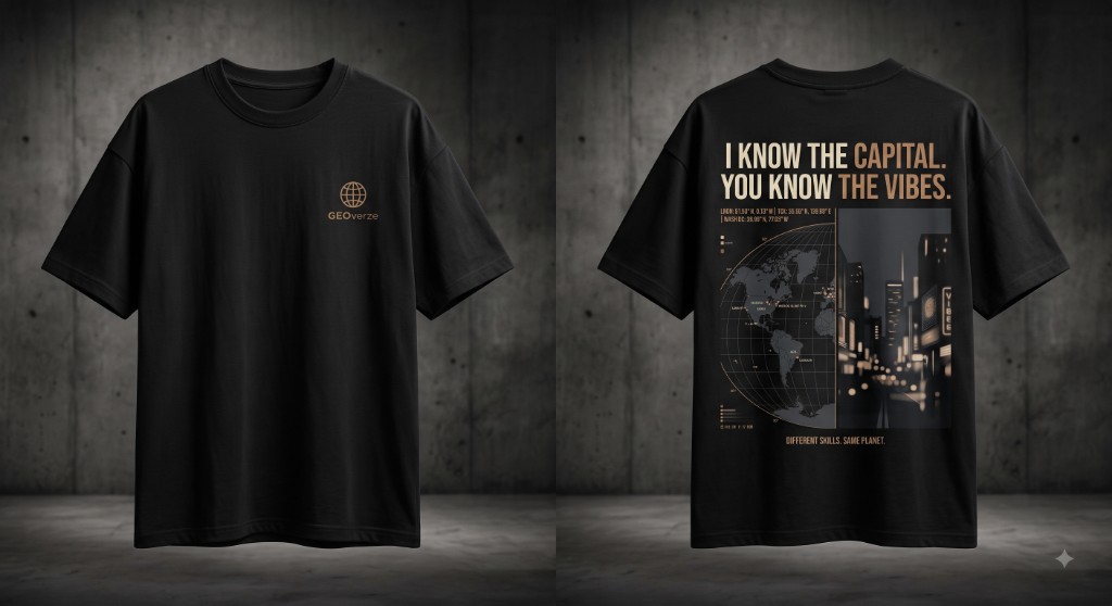 GEOverze black T-shirt — front and back views with I Know The Capital. You Know The Vibes. design