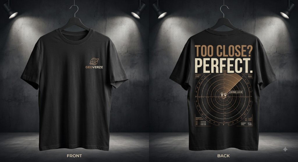 GEOverze black T-shirt — front and back views with Too Close? Perfect. radar design