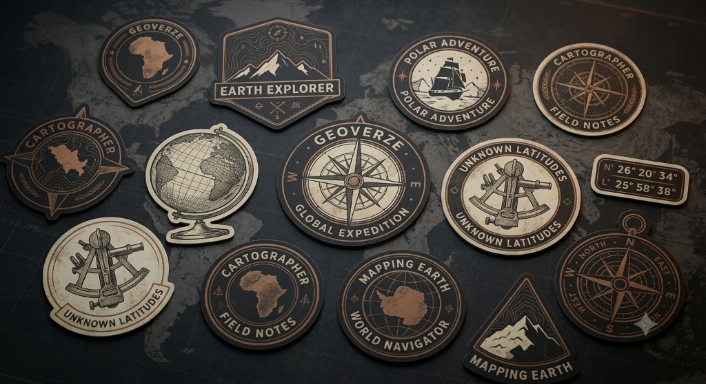 GEOverze Vintage Expedition Sticker Collection — explorer badges, maps and navigation emblems