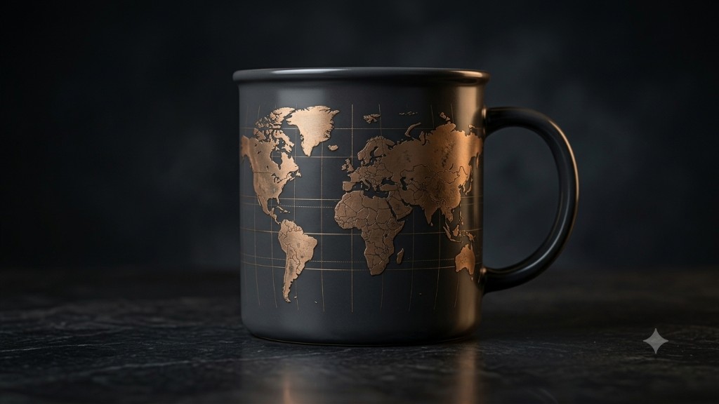 GEOverze World Map Mug — antique bronze world map on deep charcoal ceramic